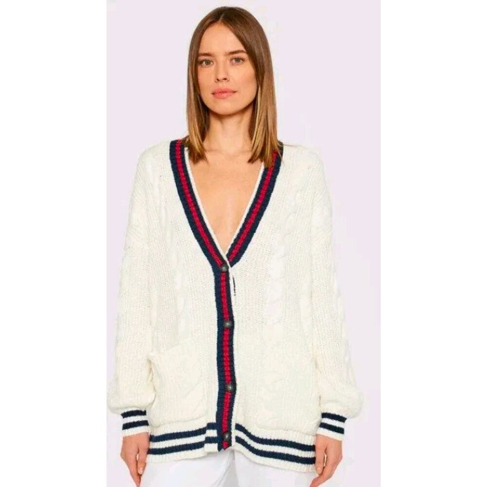 American Eagle V Neck Retro Hamptons Knit Cardigan Blue Red Trim Oversized Small